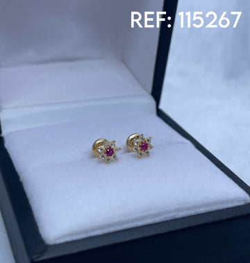 TOPOS FLOR CON CIRCONES Y CIRCON ROSA 18K